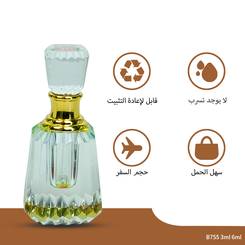 2pcs Crystal Perfume Essential Oil Bottle 6ml+3ml B755 زجاجة زيت كريستالية فارغة، زجاجة عطور زيتية فارغة، زجاجة عطر أساسية قابلة لإعادة التعبئة، زجاجة زيت بسعة 6 مل