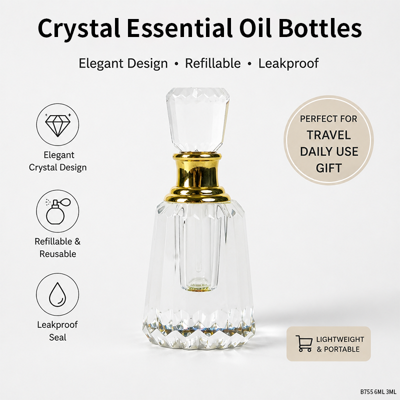 2pcs Crystal Perfume Essential Oil Bottle 6ml+3ml B755 زجاجة زيت كريستالية فارغة، زجاجة عطور زيتية فارغة، زجاجة عطر أساسية قابلة لإعادة التعبئة، زجاجة زيت بسعة 6 مل