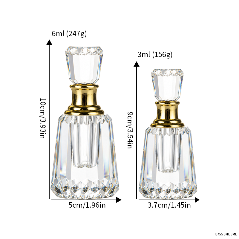 2pcs Crystal Perfume Essential Oil Bottle 6ml+3ml B755 زجاجة زيت كريستالية فارغة، زجاجة عطور زيتية فارغة، زجاجة عطر أساسية قابلة لإعادة التعبئة، زجاجة زيت بسعة 6 مل